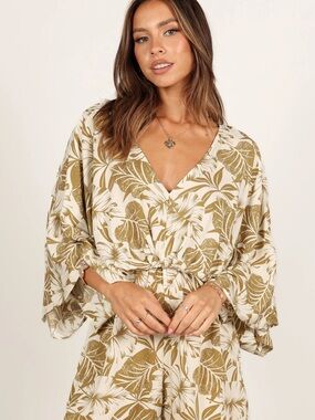Aakaa Cream and Olive Botanical Print Romper